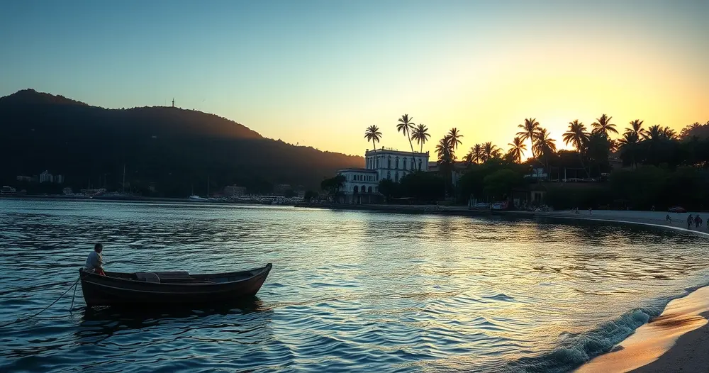 Baía tropical ao entardecer com barco de madeira, coqueiros e casario antigo