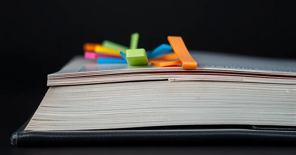 Lateral de livro grosso com marcadores adesivos coloridos saindo das páginas