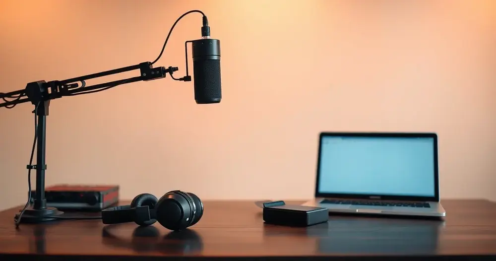 Microfone de podcast em braço articulado sobre mesa com fones e notebook